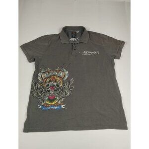 Ed Hardy Women 2XL Grey Polo Shirt Tiger Snake Graphic Rhinestone Y2K Slim Fit